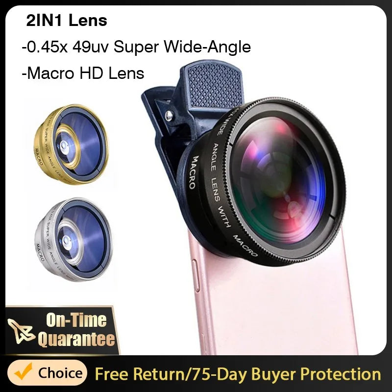 2IN1 Lens Camera Universal Clip 37mm Professional 0.45x 49uv Super