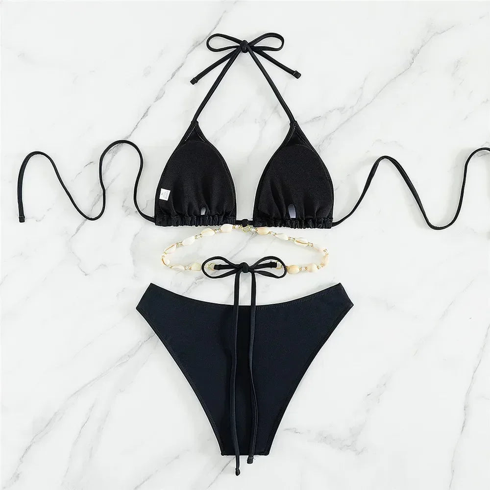 Sexy White Shell String Halter Triangle Bikini Set Women Swimwear