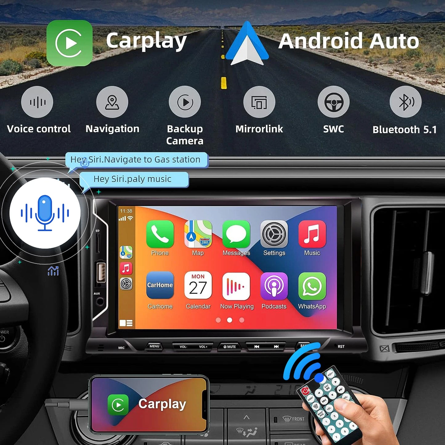 7“ HD Touch Screen Car Radio Universal 2 Din Carplay Android Auto