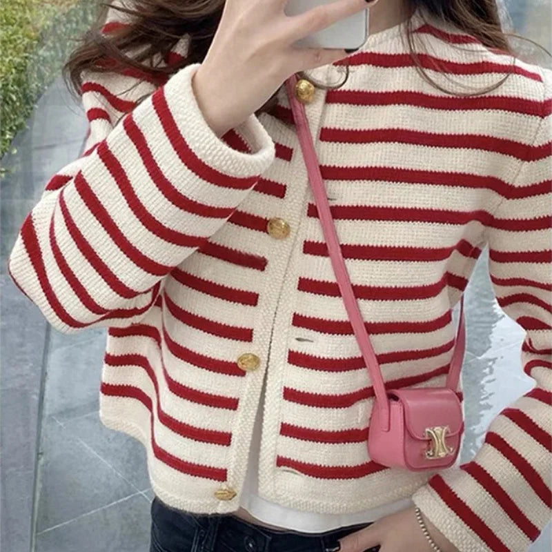 Autumn and winter Korean contrasting striped knitted cardigan women's