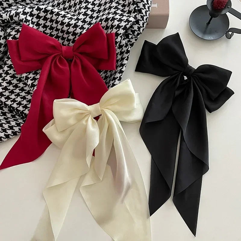 1pcs Solid Color Satin Ribbon Big Bows Hairpin Spring Clips Hair