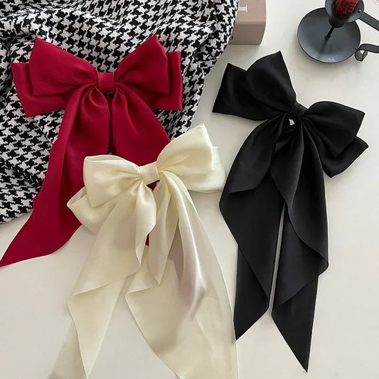 1pcs Solid Color Satin Ribbon Big Bows Hairpin Spring Clips Hair