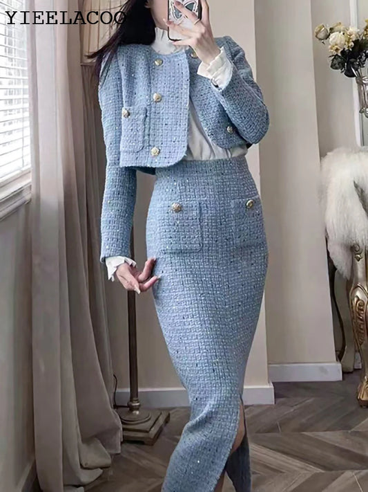 BlueTweed jacket + Skirt Sets fashion Professional Set slimming new