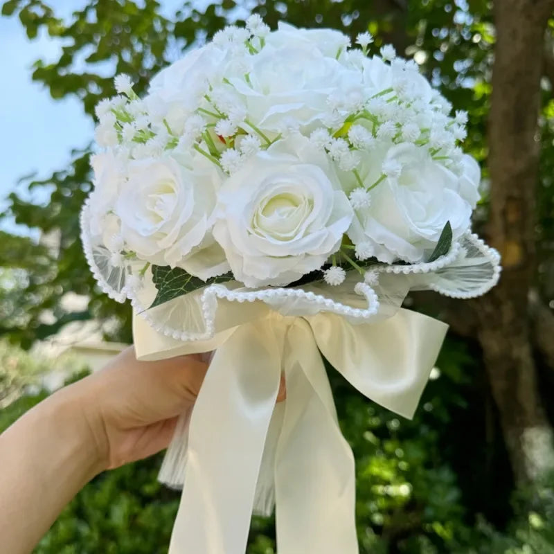 Wedding Bouquets for Bride Babysbreath Rose Bridesmaid Bouquets Silk