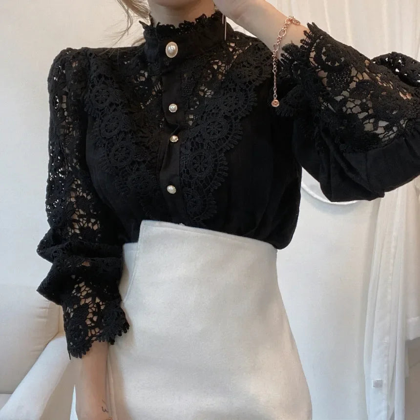 Fashion Long Sleeve Women Blouse Hollow Out Lace Blouse Shirt Tops