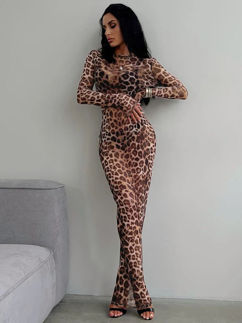 Hugcitar 2024 Leopard Print Mesh Long Sleeve Sexy Slim  See Through