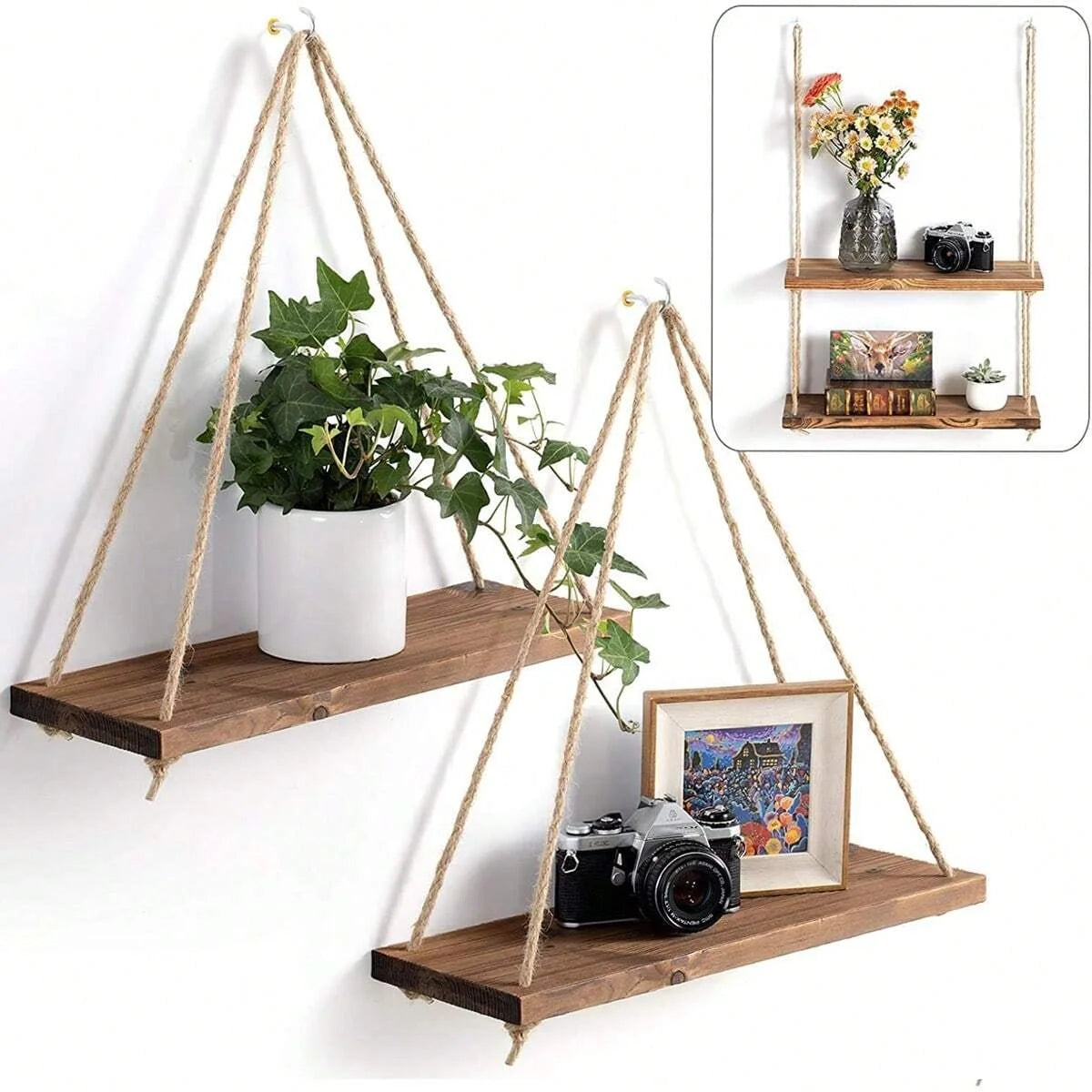 1PC Wooden Swing Hanging Hemp Rope Wall Shelve Mounted Floating Home