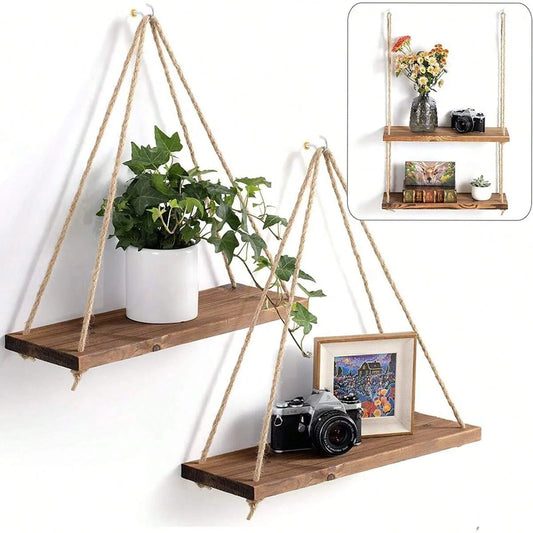 1PC Wooden Swing Hanging Hemp Rope Wall Shelve Mounted Floating Home