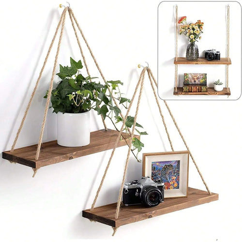 1PC Wooden Swing Hanging Hemp Rope Wall Shelve Mounted Floating Home