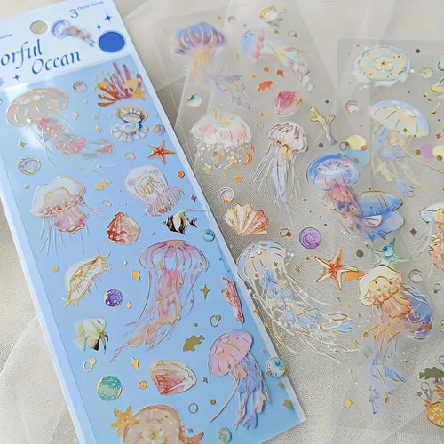 Shimmering 3D Gilding Sticker Set - Dragonfly, Jellyfish & Feather