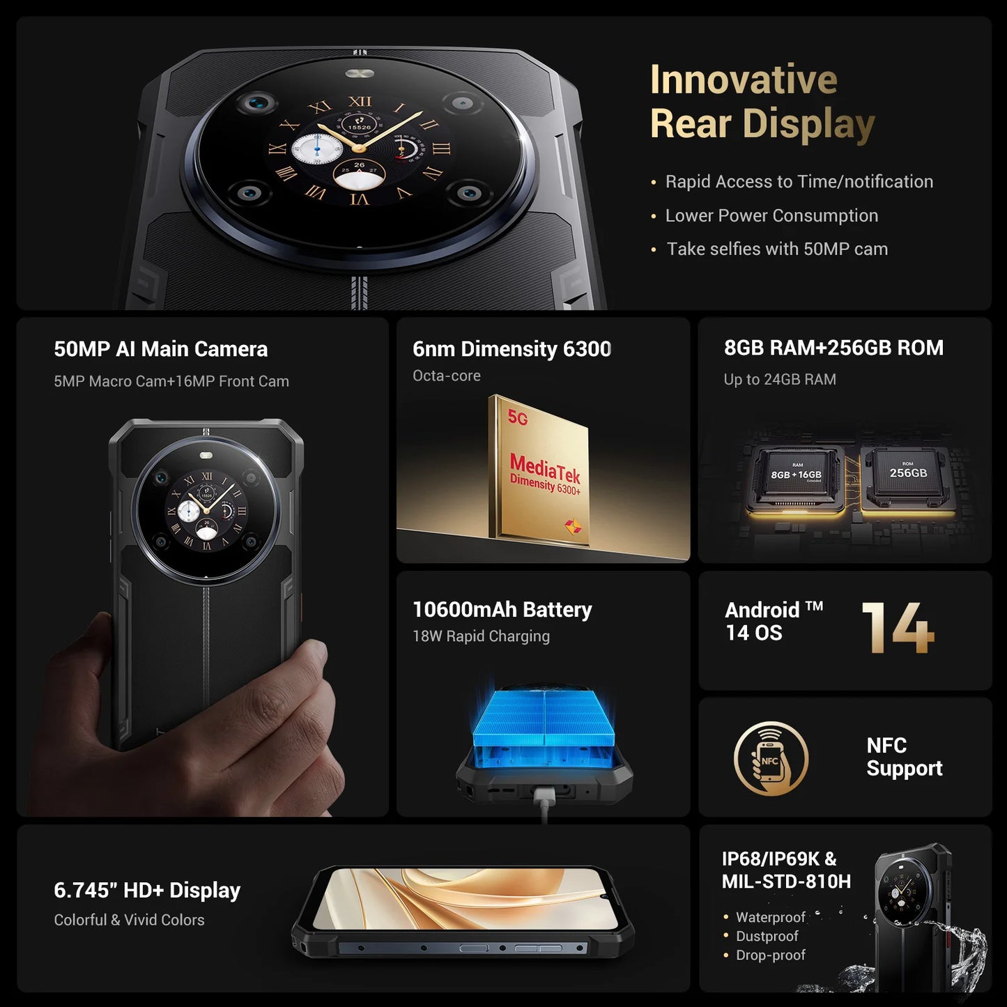 FOSSIBOT F109 Rugged Phone 10600mAh 6.745"HD+Smartphone Android 14