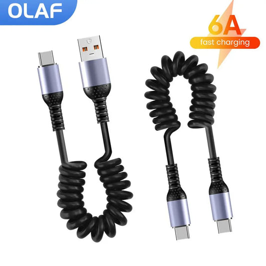 25CM To 1M Car Spring Data Cord 6A Short Fast Charging Wire USB C TO