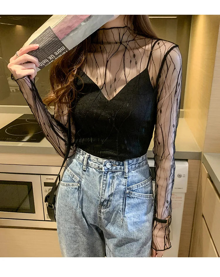 Elegant Lace T-shirt For Women Mesh Long Sleeve Tops Hot Sexy