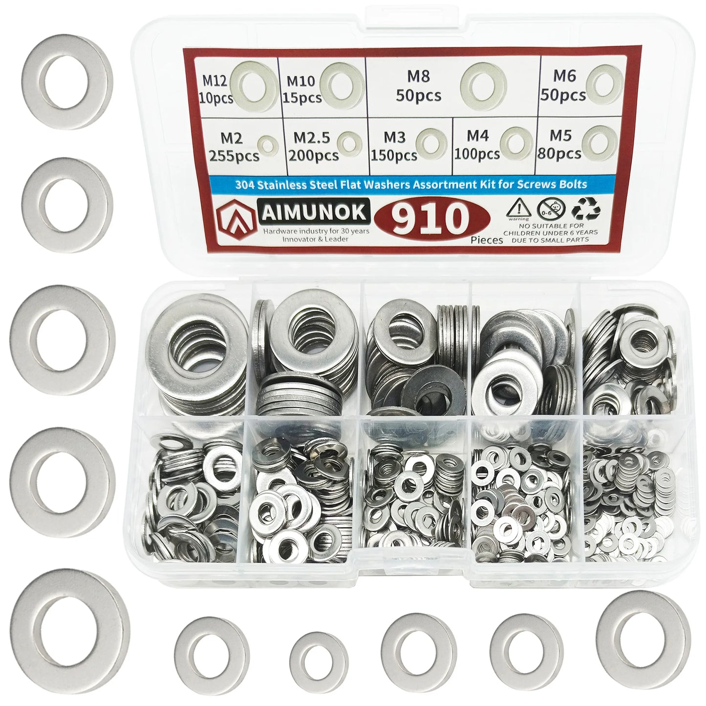 910/200pcs 304 Stainless Steel Flat Washers Assortment Kit (M2 M2.5 M3