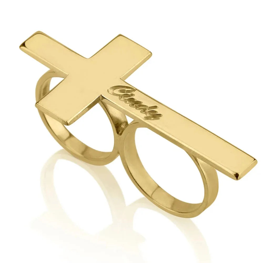 Custom Cross Ring Engraving Name Ring Men Stainless Steel Two Fingers