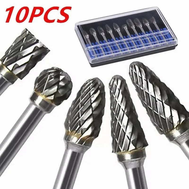 10pcs Carbide Burr Set, Hard Alloy Tungsten Steel Double Cut Rotary