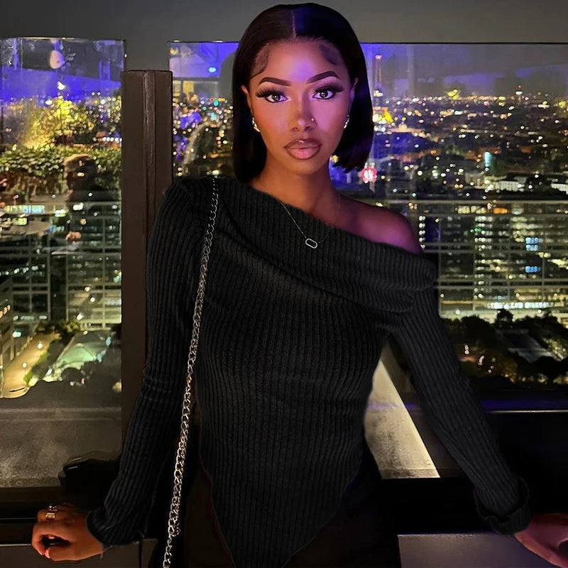 Lady New Tees Spring Sexy Crop Top Off Shoulder Slim Solid T-shirts