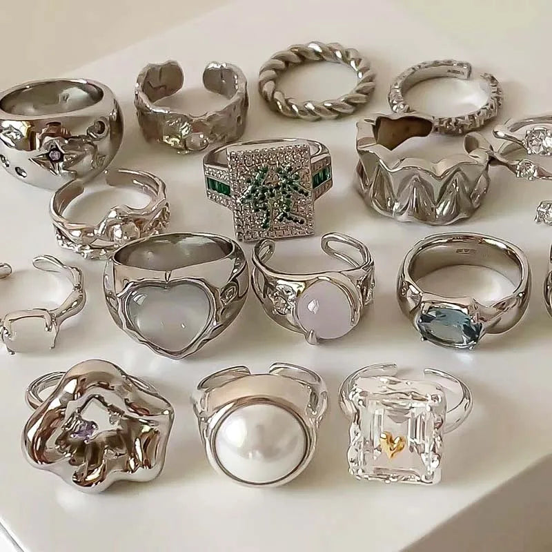 INS Minimalist Silver Color Irregular Wrinkled Surface Finger Rings