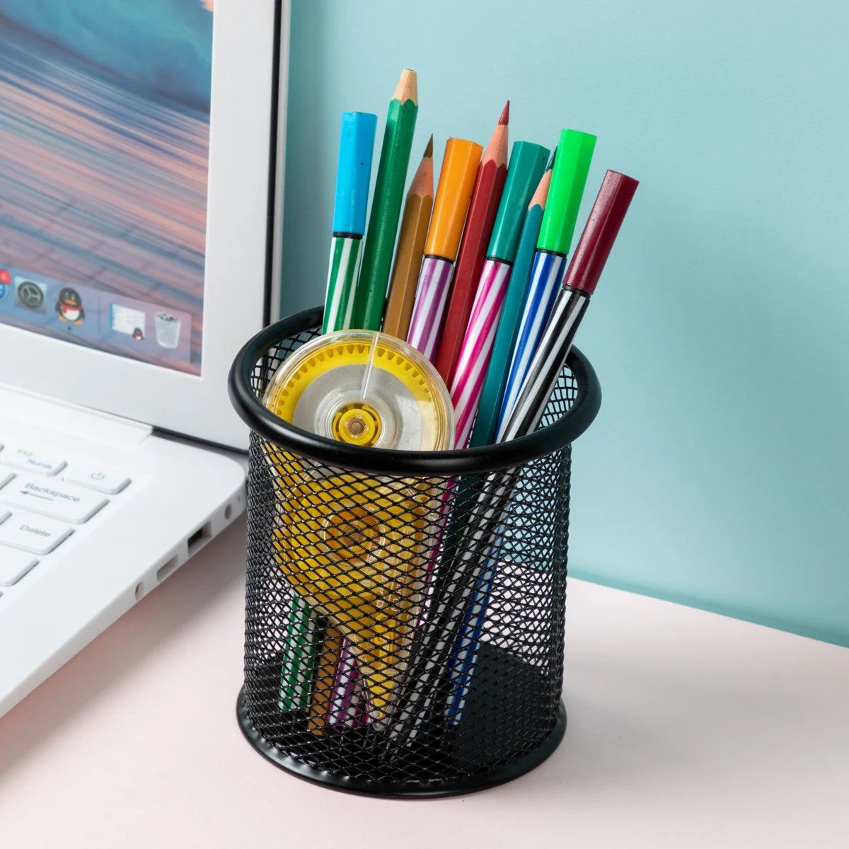 MOTARRO 1Pcs Pencil Holder Office Desk Metal Mesh Square Round Pen Pot