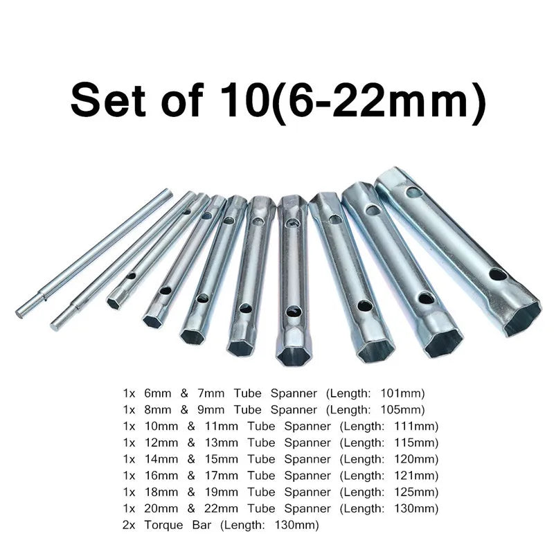 6-22mm 10Pcs Metric Tubular Box Wrench Set Tube Bar Spark-Plug Spanner