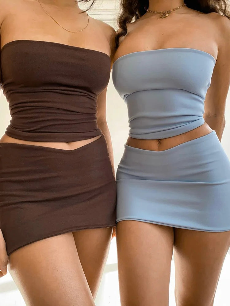 Hawthaw Women 2024 Summer Tube Tops Mini Skirts Party Club Two Piece