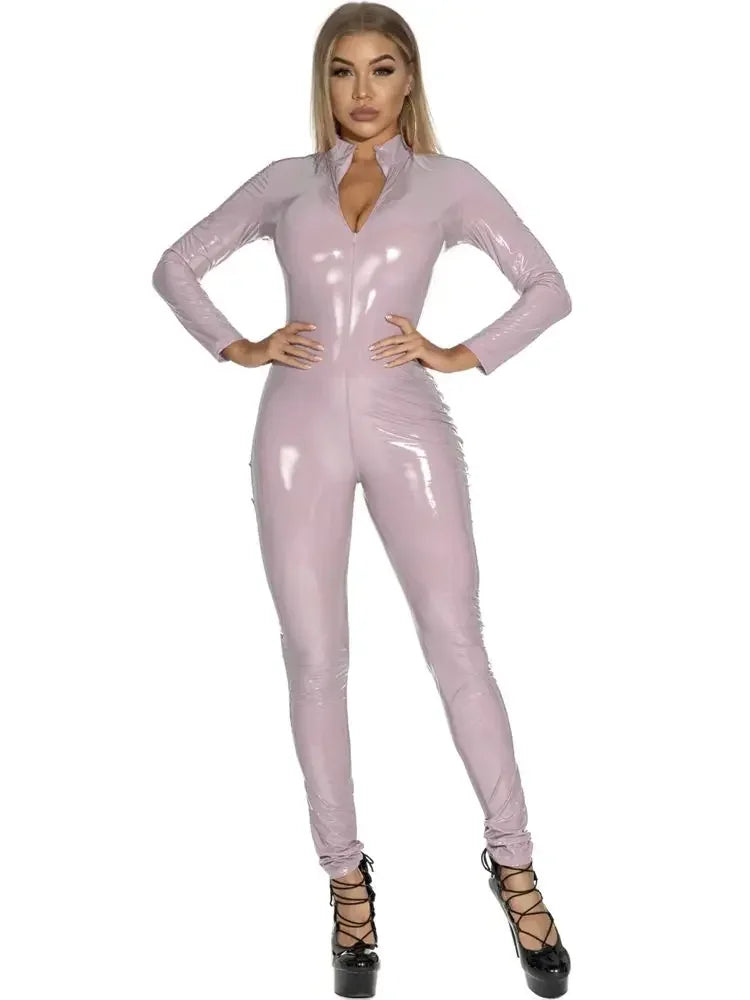 Sexy Hot Wet Look PVC Catsuit Shiny PU Leather Long Sleeve Two Way