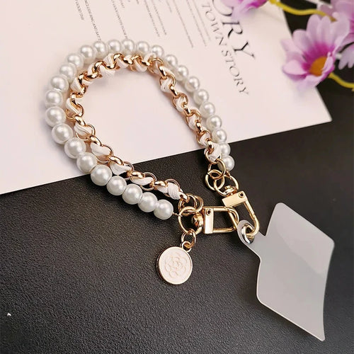 26cm Leather Pearl Camellia Mobile Phone Charm Bracelet Chain