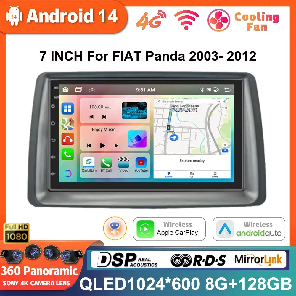 7" Android 14 Carplay Auto Car Radio Multimedia For Fiat Panda 2003