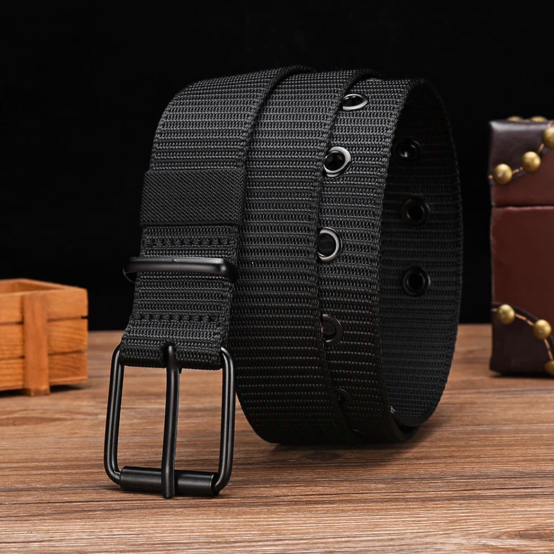 Men's Belt Porous Canvas Pin Buckle Leather Belt Outdoor Sports Belt