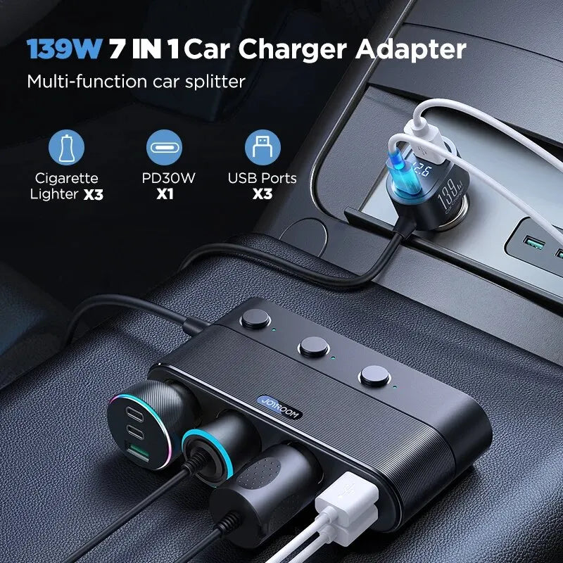 Joyroom 139W 7 in 1 Car Charger Adapter Fast PD QC3.0 Socket Cigarette