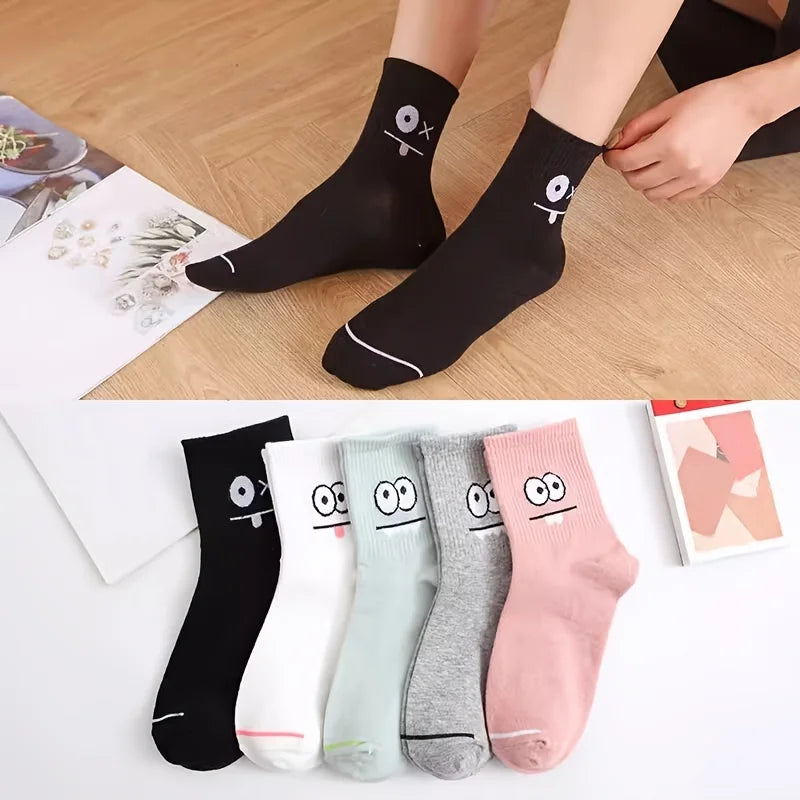 5 Pairs Women's Cute Expression Printed Ankle Socks Comfort