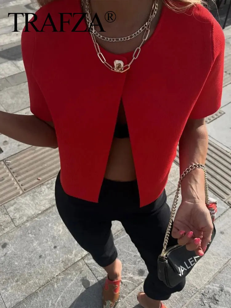 TRAFZA Women Elegant Solid Cardigan Coat Jackets Short Sleeve Metal