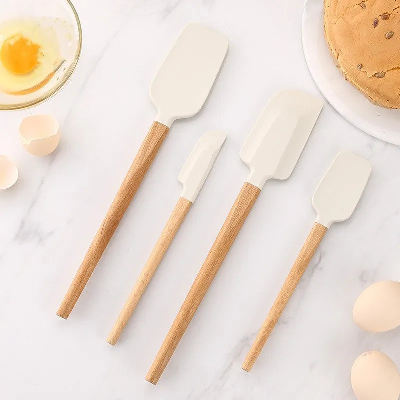 2Pcs/Set White Silicone Cream Spatula Non-stick Pastry Blenders Wood