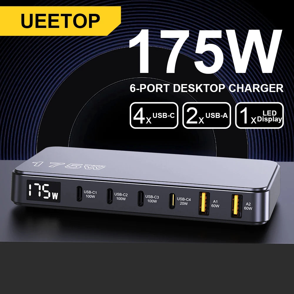 Ueetop 175W GaN USB C Charger LED Display 6-Port Desktop Charger Type