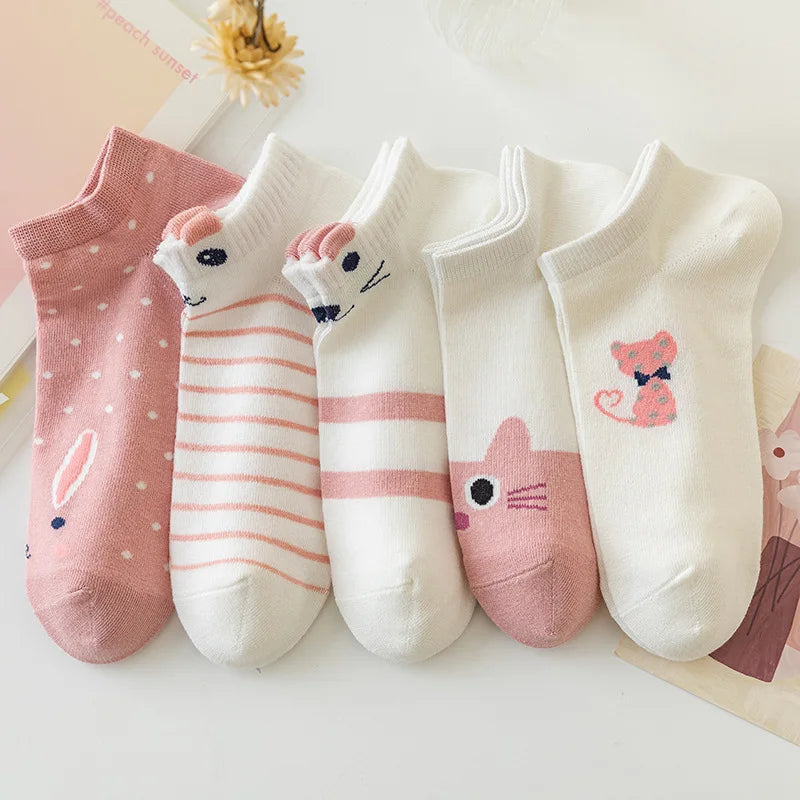 5 Pairs Women's Short Tube Socks Pink Cat Thin Four Seasons Cute Boat