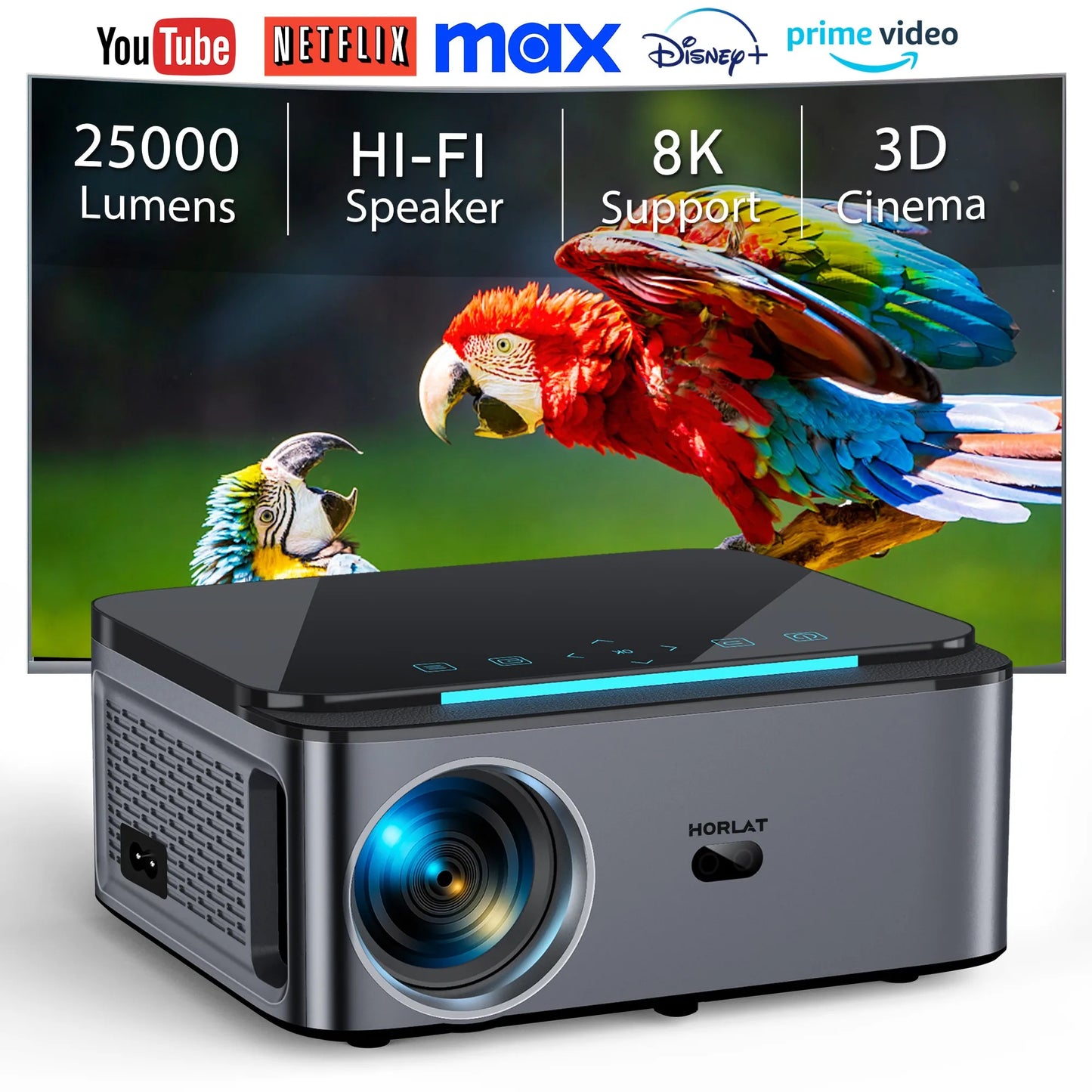 HORLAT 25000Lumens Android Beamer Projector Full HD 1080P 8K Video