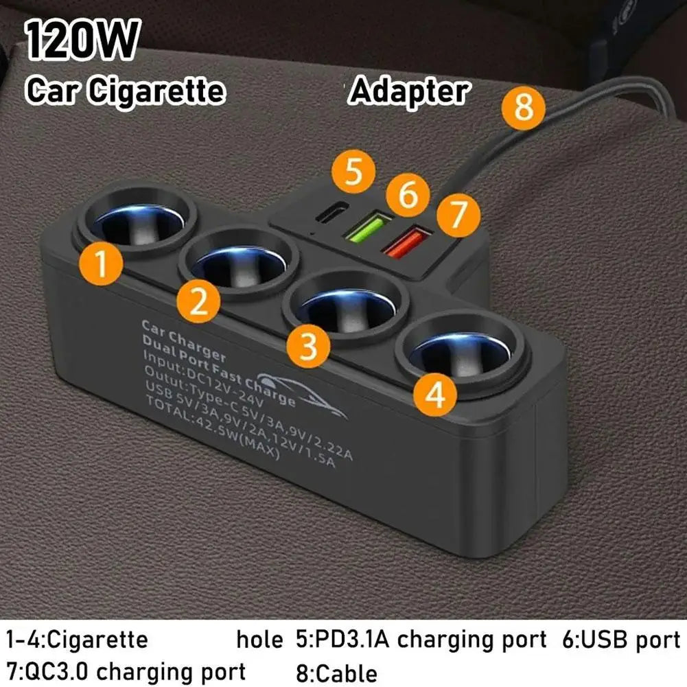 12V/24V Car Cigarette Lighter Adapter New 4-Socket 3.1A Charger