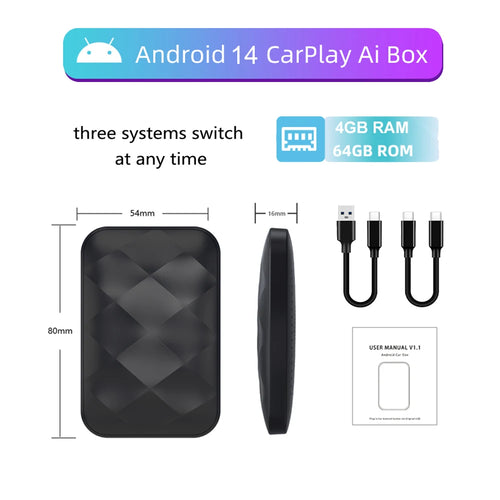 Acodo 2025 Android 14 3In1 CarPlay Ai Box Wireless Android Auto USB