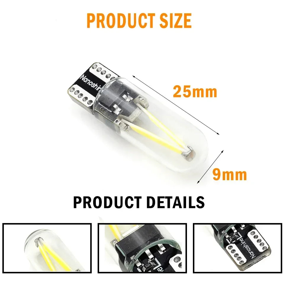 2x Classical W5W Led T10 Filament Cob Glass Car Light Bulb High