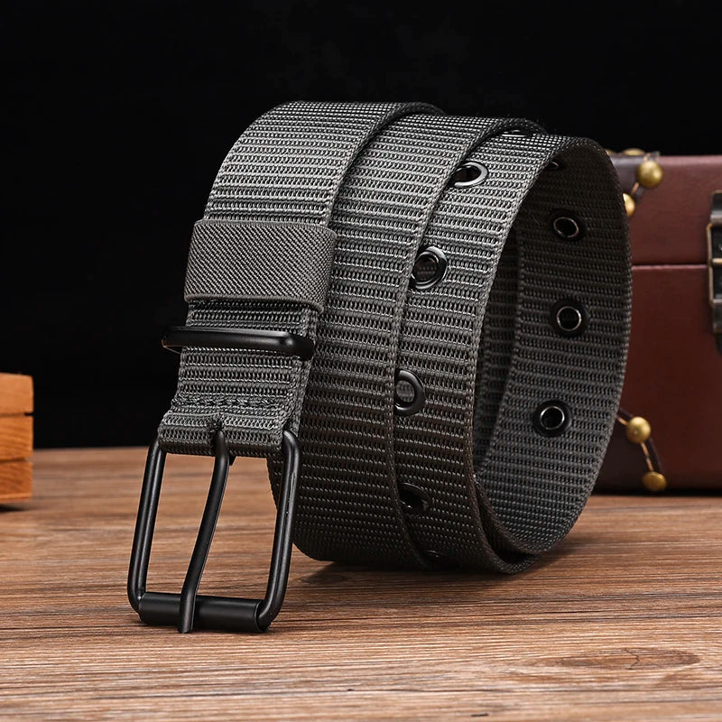 Men's Belt Porous Canvas Pin Buckle Leather Belt Outdoor Sports Belt