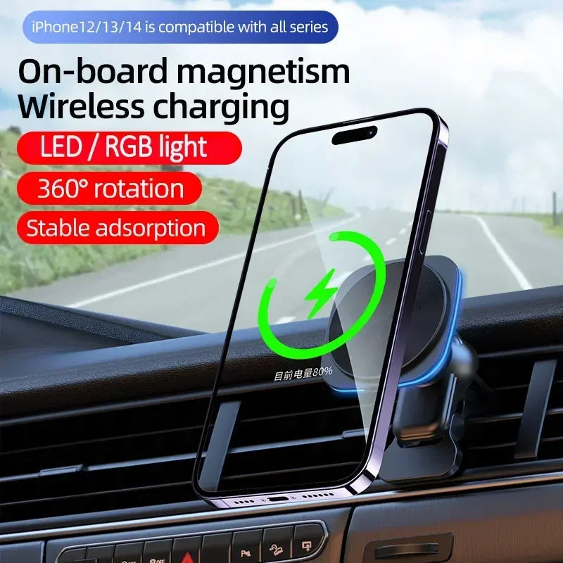 30W RGB LED Magnetic Wireless Charger Car Phone Holder Stand Car Mount