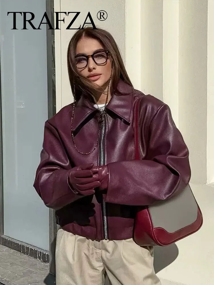 TRAFZA Wine Red Faux Leather Jakcet Fashion Outerwear Thicken Zipper