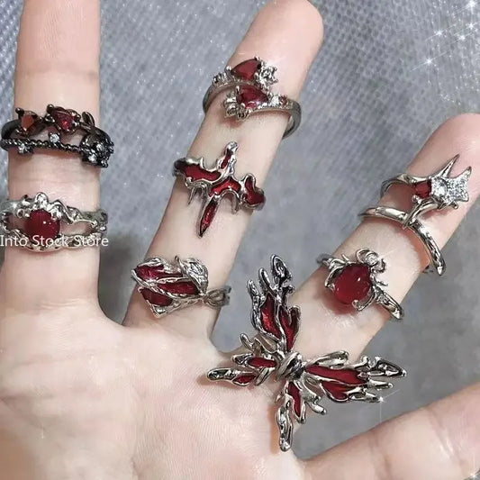 Vintage Red Enamel Cross Open Rings For Women Men Punk Hip Hop