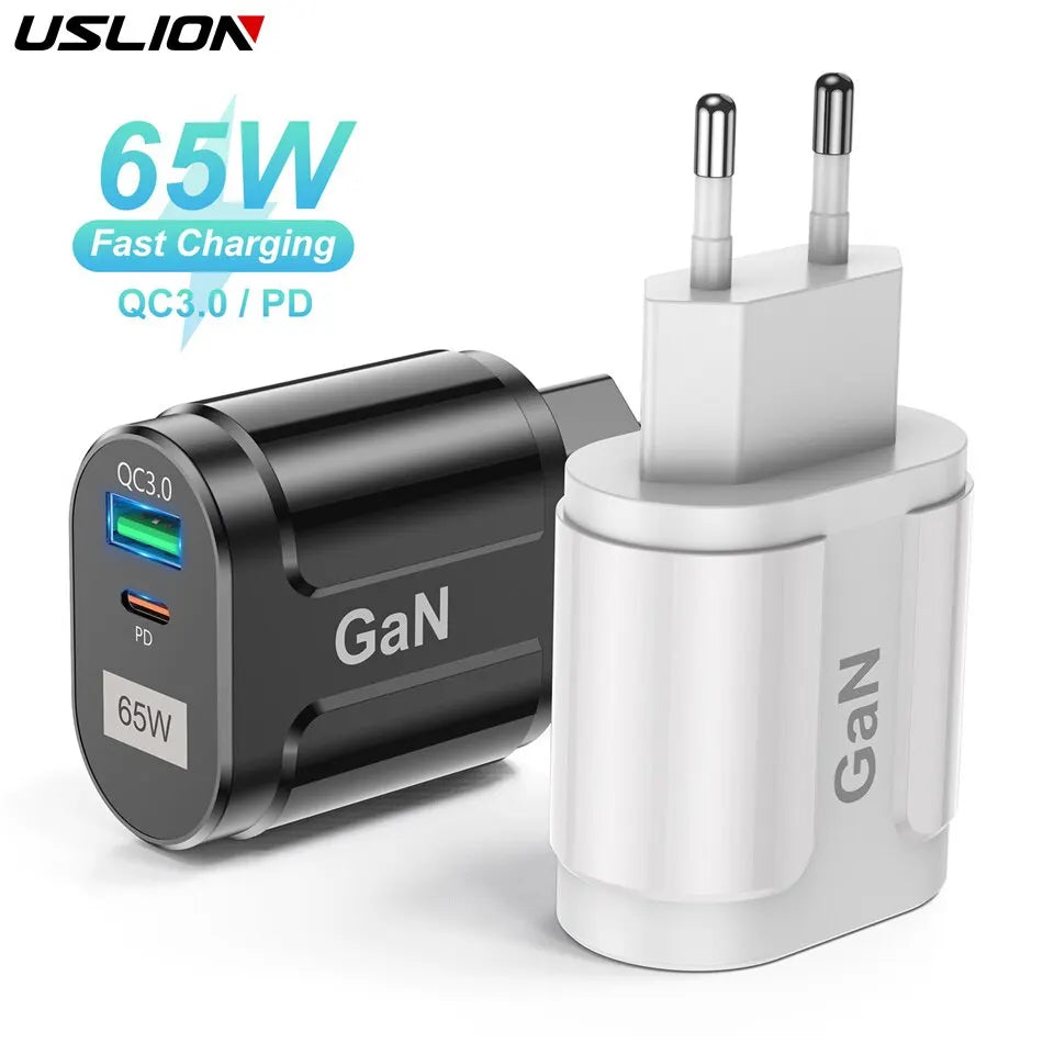 USLION 65W GaN USB C Charger Quick Charge Korea EU US Plug PD USB-C