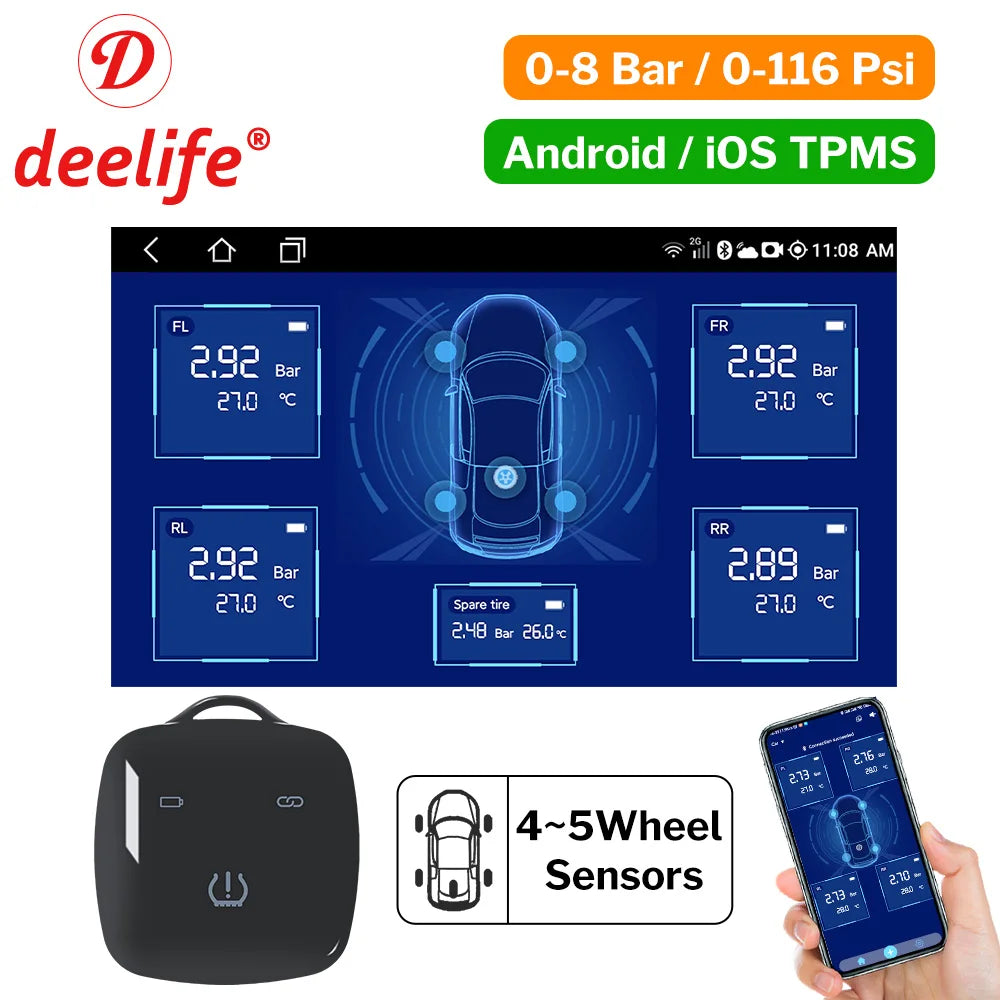 Deelife Car TPMS Android iOS Tire Pressure Monitoring System Spare