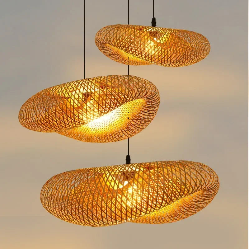 Bamboo Hand Weaving Pendant Light 40cm Hanging LED Ceiling Lamp