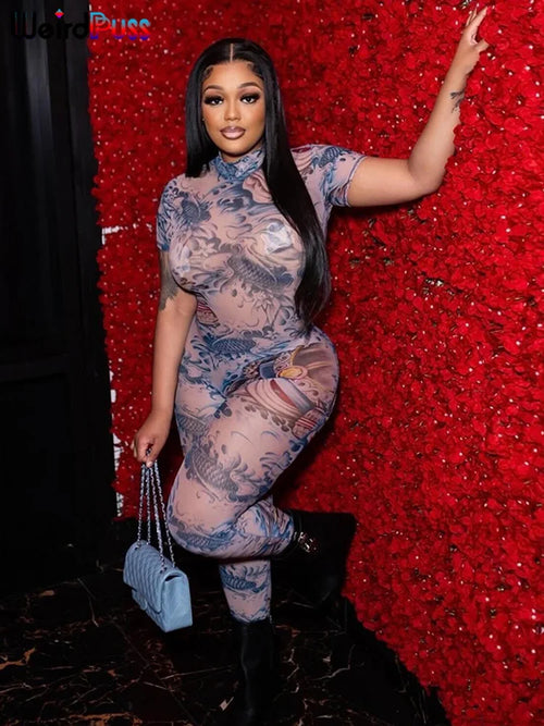 Weird Puss See Through Jumpsuit Women Backless Dragon Print Short