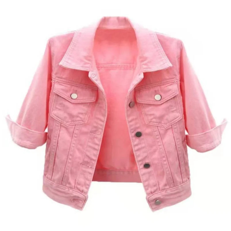 Women Denim Jacket Spring Autumn Short Coat Pink Jean Jackets Casual