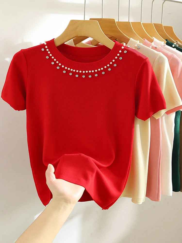 2024 Korea Knitted T-shirt Women Top Solid Tank Y2K Summer New Fashion