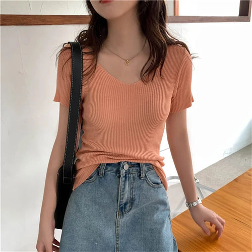 Basic V-neck Solid Thin Summer Pullover Women Female Knitted Ribbed